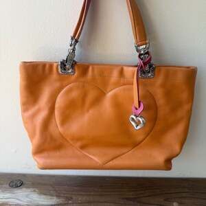 Brighton Vintage Orange Pink Leather Heart Tote Bag Reversible Victorian Lining